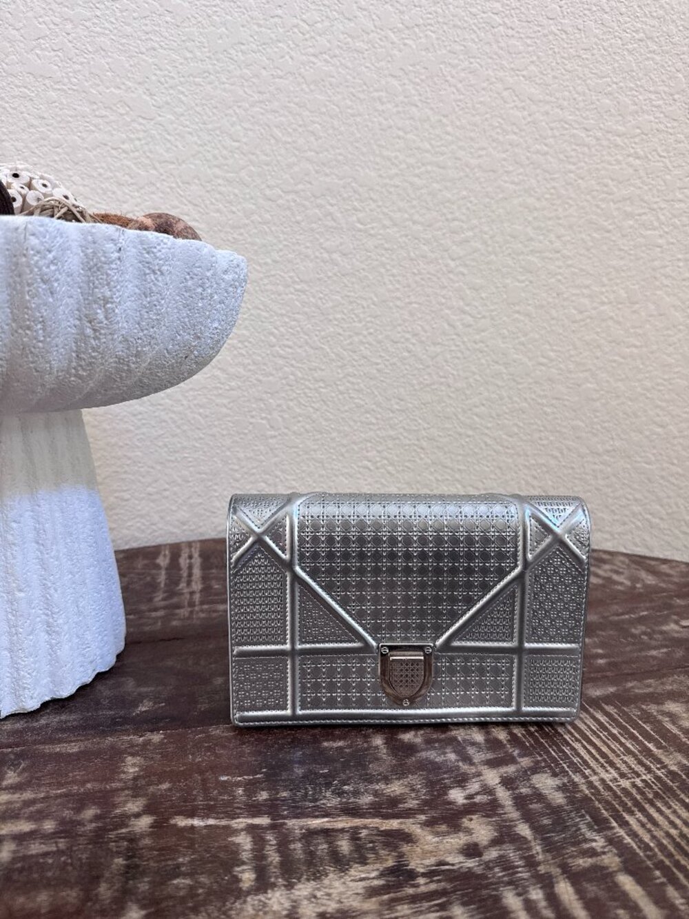 Christian Dior Diorama Metallic Silver Micro-Cannage Shoulder Bag + COA